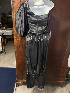 Black One-Shoulder Jumpsuit with Sequin Coin Trim